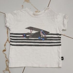 Petit Clair Size 2 Short Sleeve White Striped Kids Shirt with Airplane Design